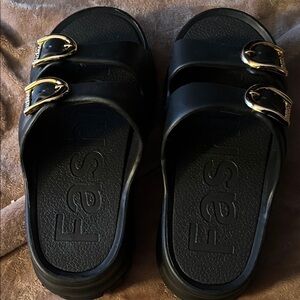 Black Slide Sandals with Gold Buckles